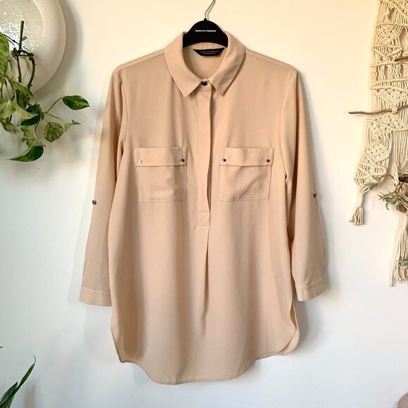 Dorothry Perkins Beige Collar ¾ Length Sleeve Blouse Corpcore Siren Minimalist - Picture 1 of 14